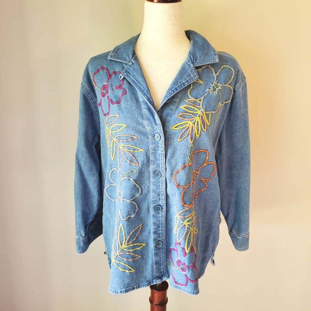 Vintage Denim Button Down Floral Embroidery Bechamel Large - Picture 1 of 14